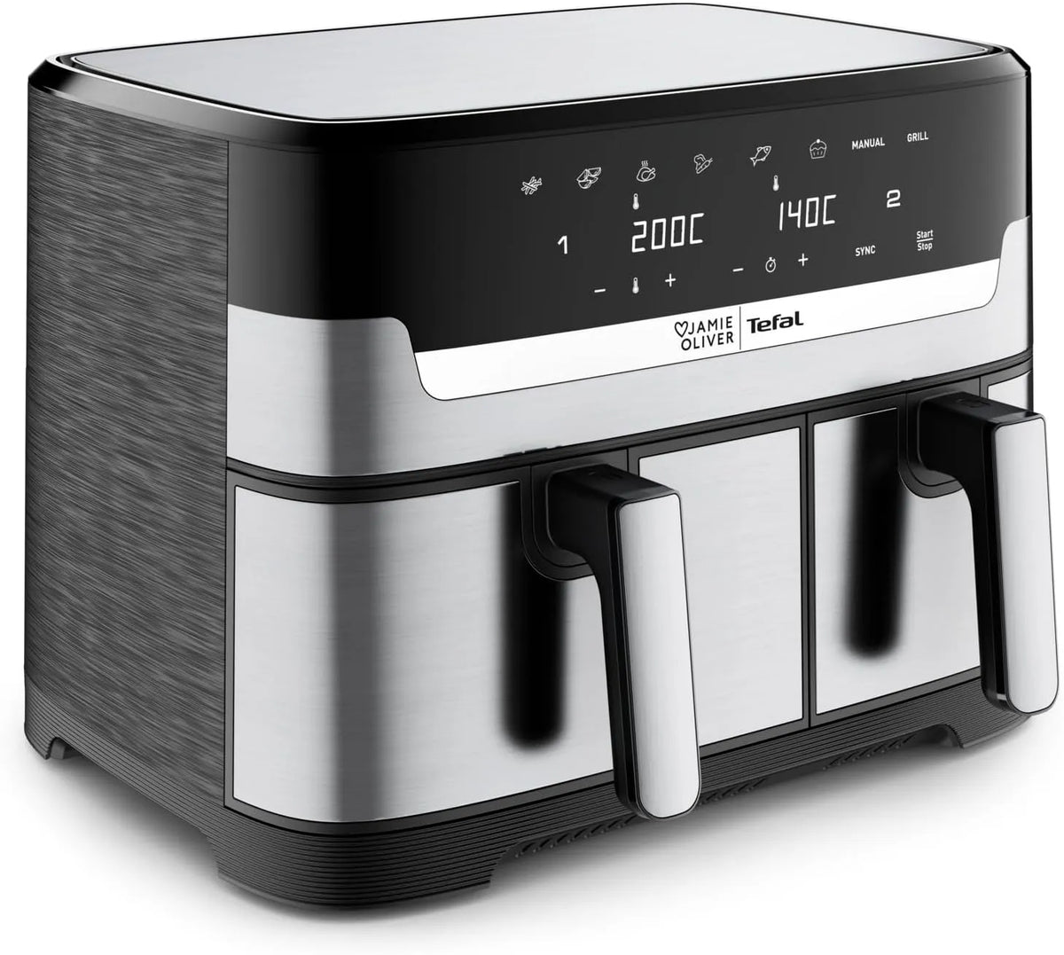 Tefal Heißluftfritteuse EY90JDE1, Jamie Oliver by Dual Drawer 8,3 L, Airfryer mit 2 Kammern & Grillfunktion, 8 Betriebsprogramme