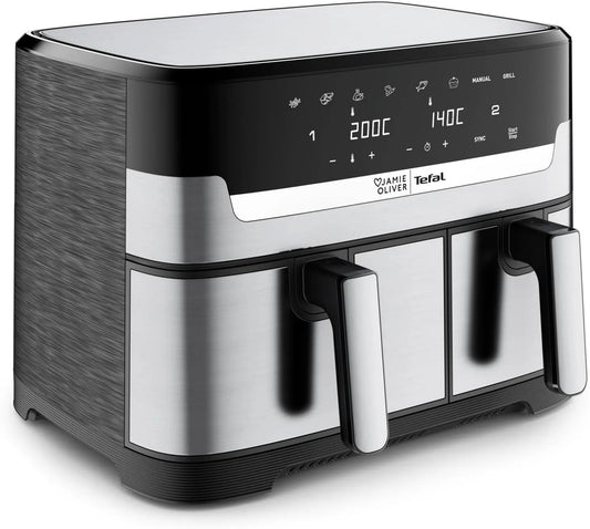 Tefal Heißluftfritteuse EY90JDE1, Jamie Oliver by Dual Drawer 8,3 L, Airfryer mit 2 Kammern & Grillfunktion, 8 Betriebsprogramme