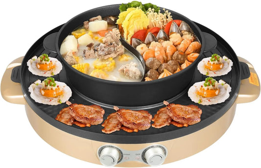 Grill, Leistung 2200W Hot Pot Elektrischer, 2 in 1 Hotpot und Raclette, Food Party Hotpot und Tischgrill, Korean BBQ, Für Simmer, Braten