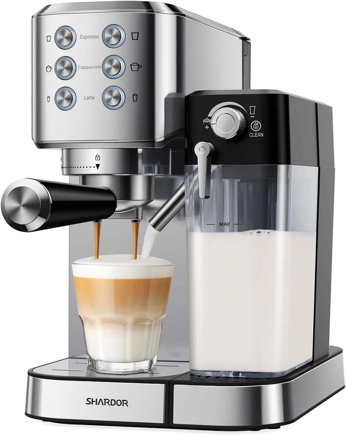 Espressomaschine SHARDOR Automatische, 20 Bar Siebträgermaschine mit Milchaufschäumer, Leistung 1350W Kaffeemaschinen, mit Siebträger