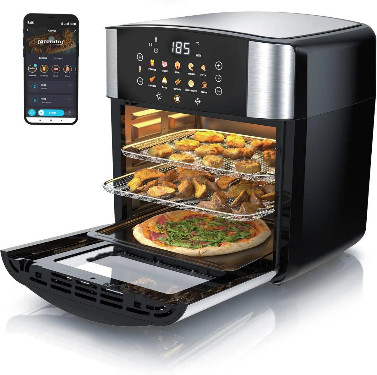 Heißluftfritteuse Arendo, Backofen Umluft, extra Groß 16 Liter, XXL Smart Wlan, Fritteuse ohne Öl, Grill, Dörrautomat, Air Fryer, Touchscreen