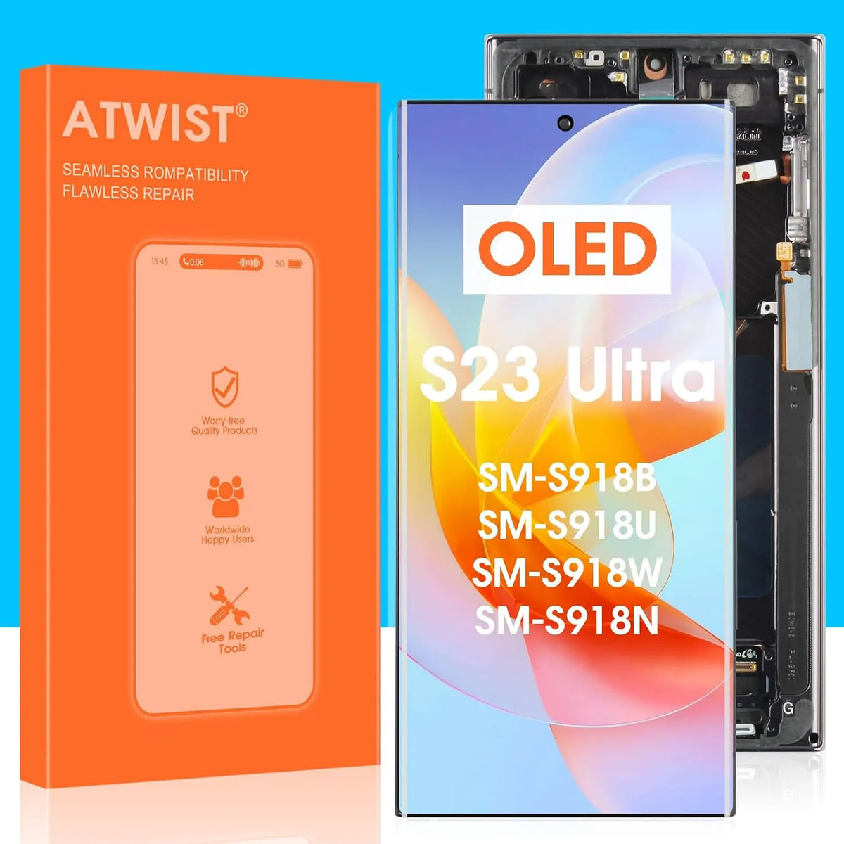 Samsung Modell S23 SM-S918B SM-S918U, DS Touchscreen Digitalisierer Glas Montage mit Rahmen, in Schwarz