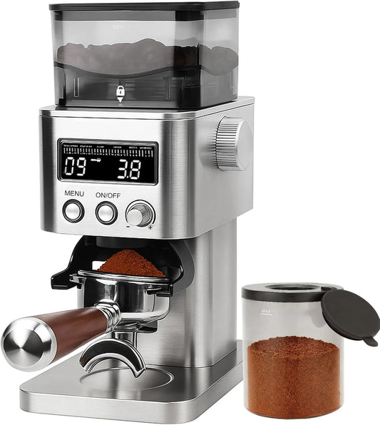 Kaffeemühle Homtone Edelstahl, 31 präzise Mahlstufen Kegelmahlwerk für Espresso, Elektrisch für Siebträger, Coffee Grinder mit LCD-Bildschirm