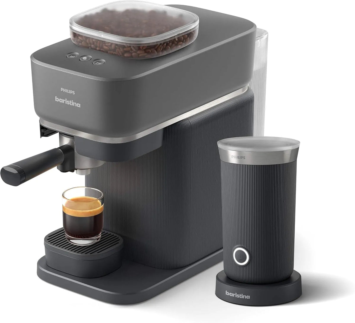 Philips Espressomaschine BAR303/60, Baristina und Milchaufschäumer Paket, 16 Bar, Kaffeemaschine mit Mahlwerk & Siebträger, Tampen & Brühen