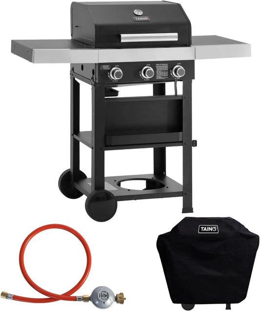 Gasgrill, mit Abdeckhaube, TAINO WABAYA 3+0 Grillwagen 3 Brenner Keramik Sear-Burner Piezo-Zündung Thermometer Warmhalterost in Schwarz Matt