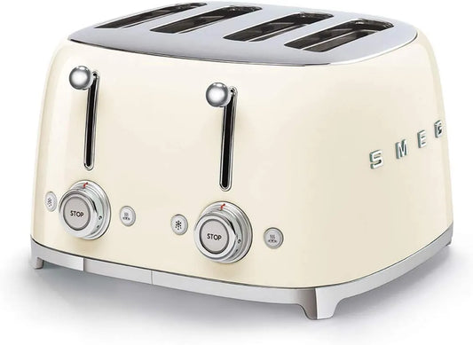 Smeg Toaster TSF03CREU, 4 Schlitze für 4 Scheiben, Leistung 2000W, Heizfunktion, Creme, Maße 4x4, 6 Vergoldungsniveaus, Abtau- und Bagel- Funktion