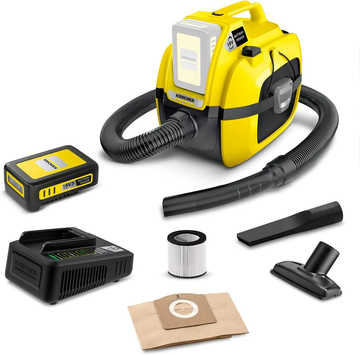 Kärcher WD 1 Compact Battery Starter Kit Mehrzwecksauger, Akku: 18 V, Leistung: 230 W, 2.5 Ah, Akkulaufzeit: 10 min, Behältergröße: 17 Liter, kompakt