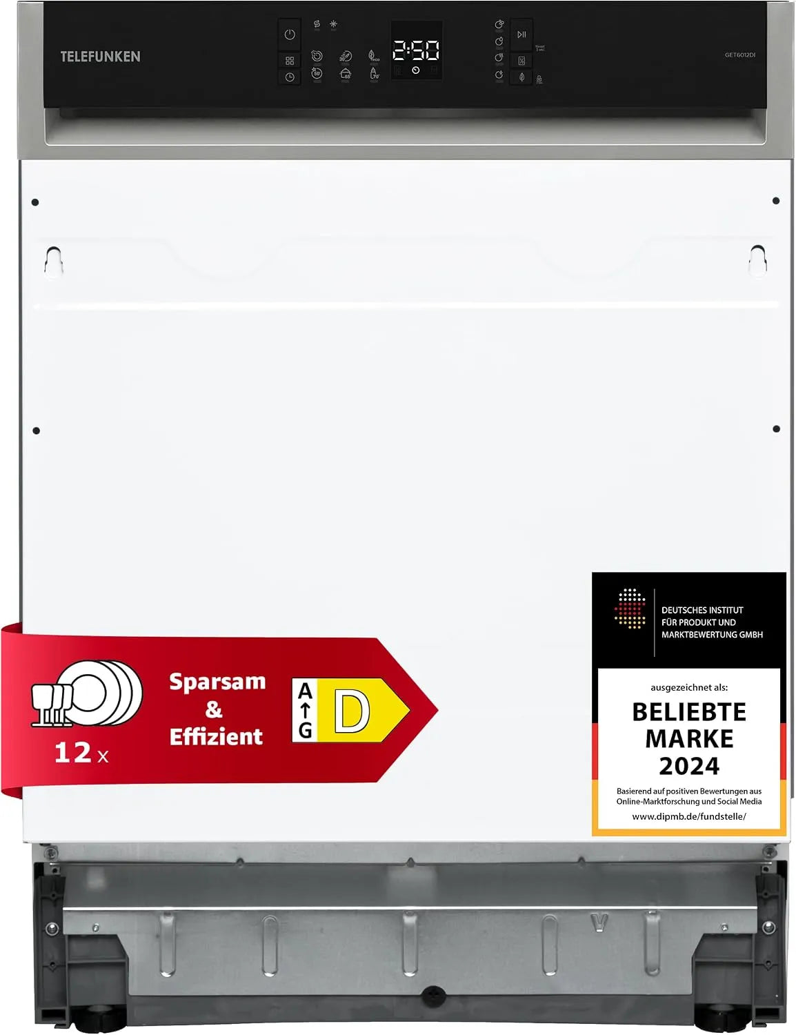 Telefunken Geschirrspüler GET6012DI, leise 45 dB, 6 Betriebsprogramme, AquaStop, Auto-Door, höhenverstellbar, 60 cm teilintegrierbar, 12 Maßgedecke