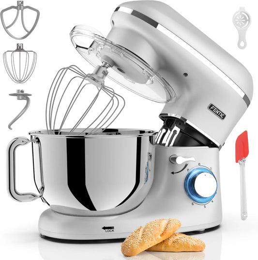 Küchenmaschine, Fassungsvermögen 6,2 L, Knetmaschine mit Rührhaken, Schlagbesen und Spritzschutz, Silber, Leistung 2000W, Edelstahl Rührschüssel