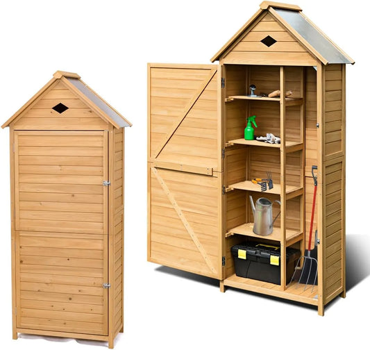 Gerätehaus HOMASIS Gartenschrank Holz, Gartenhaus mit 5 Ablagen & Schrank, Maße 80x45x177cm, Wetterfest Outdoor, Geräteschuppen mit Satteldach, Natur