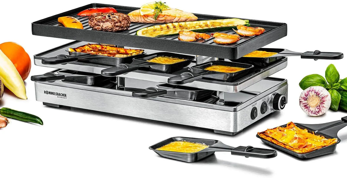 Grill RCP 1800, 2 m Kabel, ROMMELSBACHER Pizza Raclette, Wendeplatte, Grillmuster, Crêpes, Pizzafunktion, keramische Antihaftbeschichtung, PFAS-frei