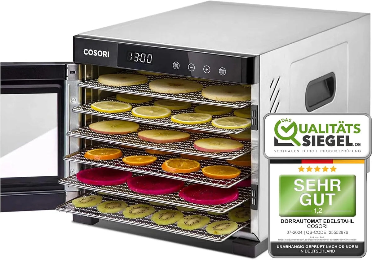 Tablet, inklusive. 6 Edelstahl-Dörrtabletts, 3 Dörrmatte, 48 Std. Zeitschaltuhr, und 650W, LED-Display, Food Dehydrator mit 50 Rezepte, 3 Dörrgitter