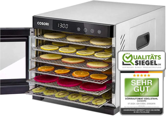 Tablet, inklusive. 6 Edelstahl-Dörrtabletts, 3 Dörrmatte, 48 Std. Zeitschaltuhr, und 650W, LED-Display, Food Dehydrator mit 50 Rezepte, 3 Dörrgitter