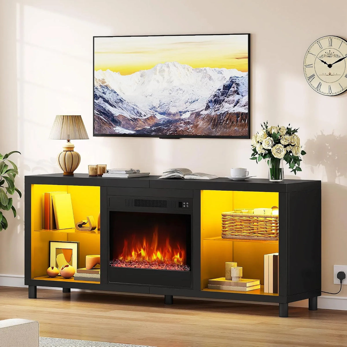 Schrank 3D-Flammeneffekt, Lowboard Sideboard mit Elektrokamin 1800W Leistung, LED, Thermostat, YITAHOME 148cm TV mit Elektrokamin, Timer
