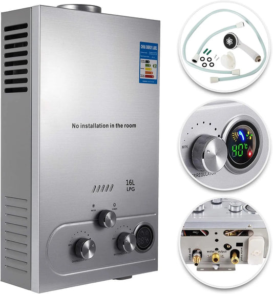 Warmwasserbereiter, Fassungsvermögen 16L, Gas Durchlauferhitzer 16L Gas 32KW Flüssiggas für Badezimmer LPG Gas Durchlauferhitzer