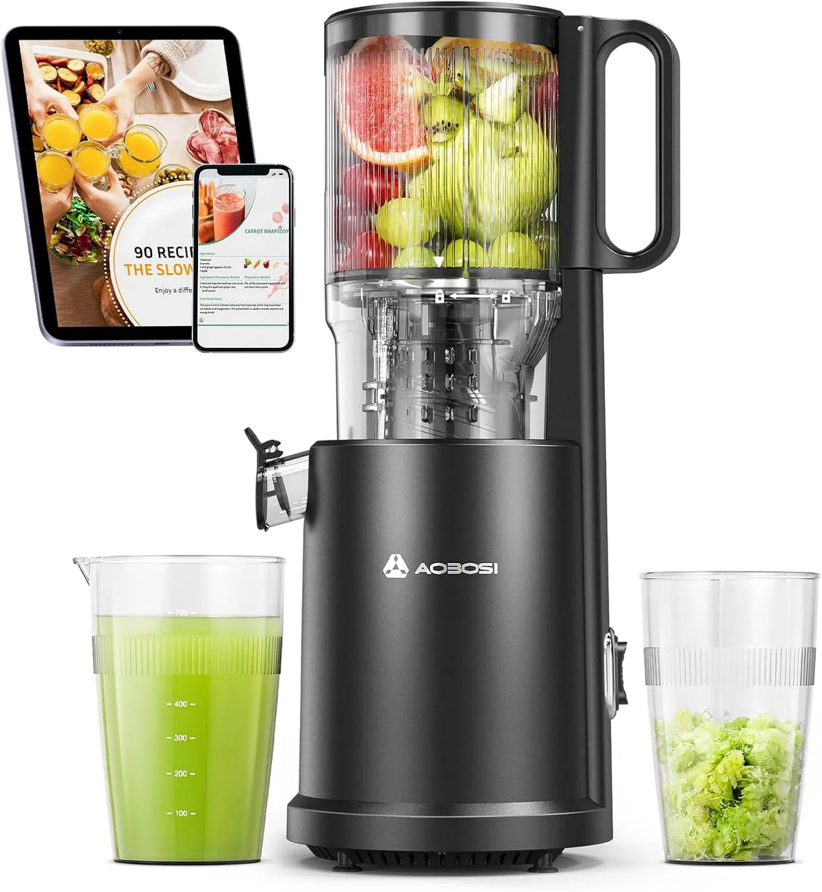 Entsafter, Fassungsvermögen 1,5L, Dreifachfilter & Press-Schnecke, in Schwarz, AOBOSI Slow Juicer mit 126mm XXL-Einfüllöffnung