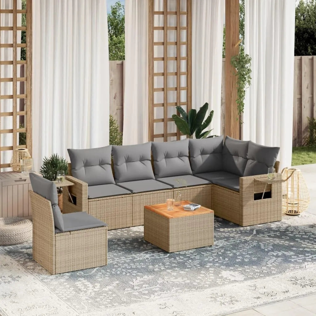 . Gartenlounge aus wetterfestem Poly-Rattan in Beige Modell 7-TLG, mit Akazientisch 62 x 62 x 69 cm Modernes Design für Terrasse Balkon