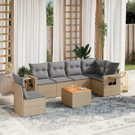 . Gartenlounge aus wetterfestem Poly-Rattan in Beige Modell 7-TLG, mit Akazientisch 62 x 62 x 69 cm Modernes Design für Terrasse Balkon