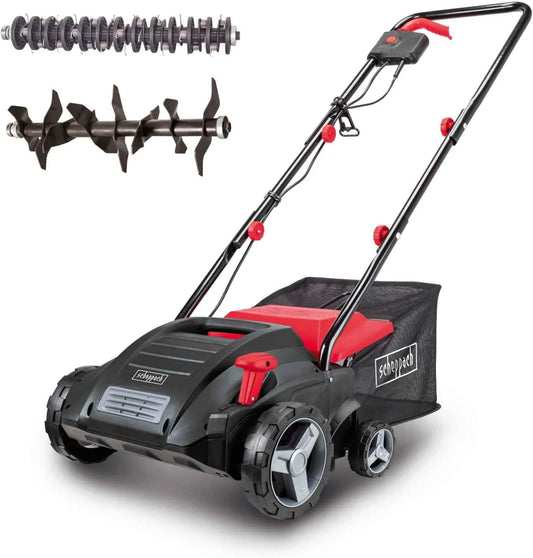 Scheppach Modell 4-fache, Fangkorb 30 L SC32, 1500W Leistung, Arbeitsbreite 32cm, bis 4mm, 16 Messer, 36 Krallen, Elektro Vertikutierer