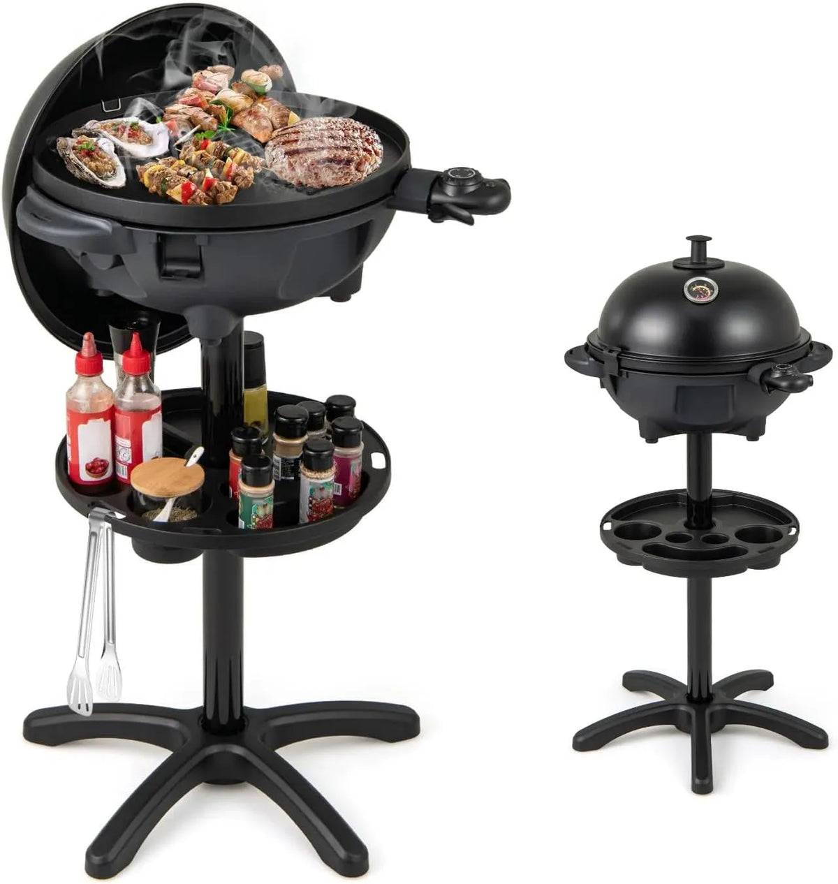 Grill, KOMFOTTEU Elektrogrill mit 2 Kochzonen, Tischgrill 1200 W mit Gewürzhalter & Thermometer, elektrische Grillplatte mit Antihaftbeschichtung