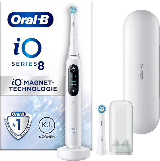 Braun Oral-B iO Series 8 Elektrische Zahnbürste, 2 Aufsteckbürsten, Electric Toothbrush, Sie, Designed by, 6 Putzmodi für Zahnpflege, white alabaster